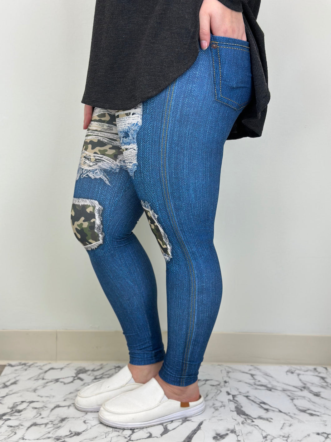 Camo Blue Denim Leggings w/ Butt Pockets