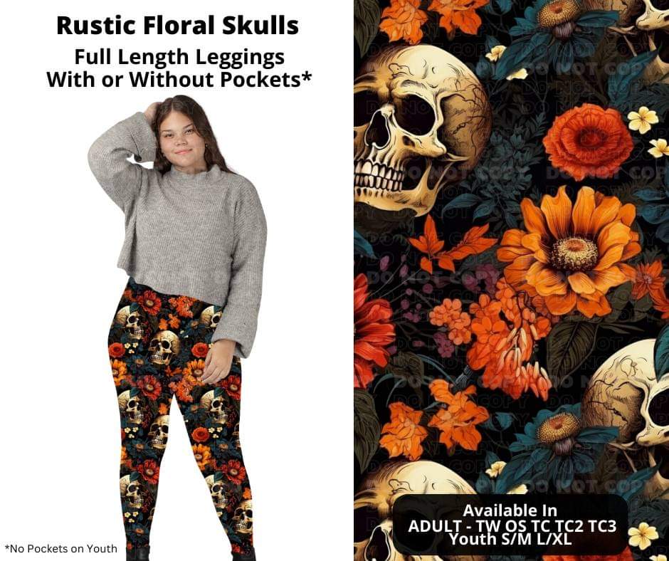 Rustic Floral Skulls Full Length Leggings w/ Pockets