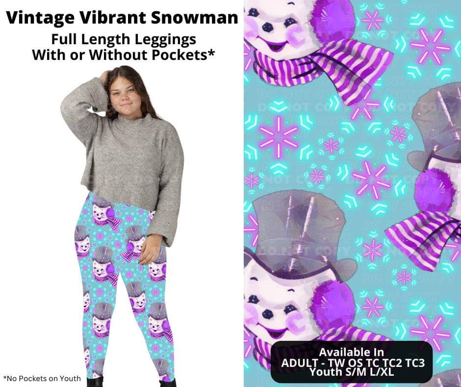 Vintage Vibrant Snowman Full Length Leggings w/ Pockets