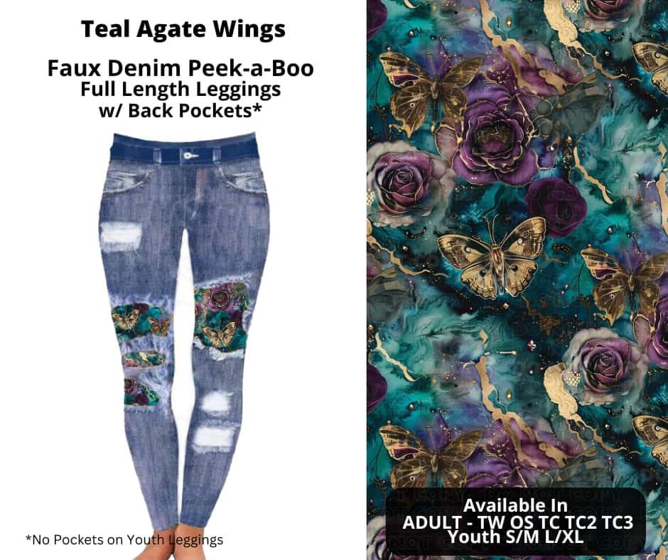 Teal Agate Wings Faux Denim Full Length Peekaboo Leggings