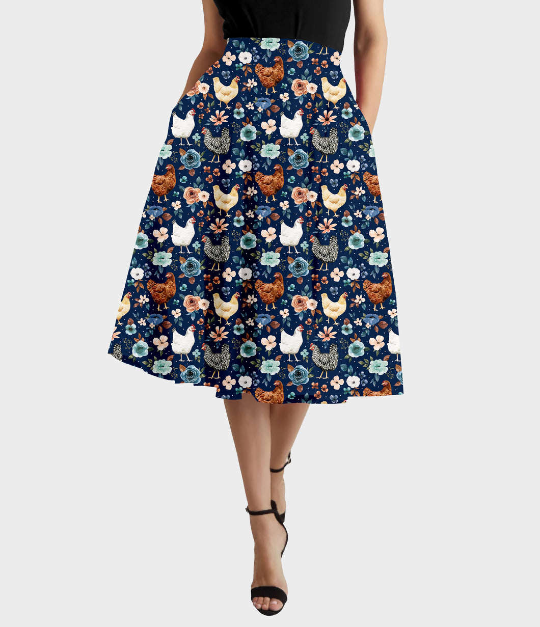 RTS - Floral Chickens Swing Skirt w/ Pockets