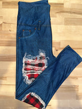 Load image into Gallery viewer, Blue Denim Red Plaid Leggings w/ Back Pockets
