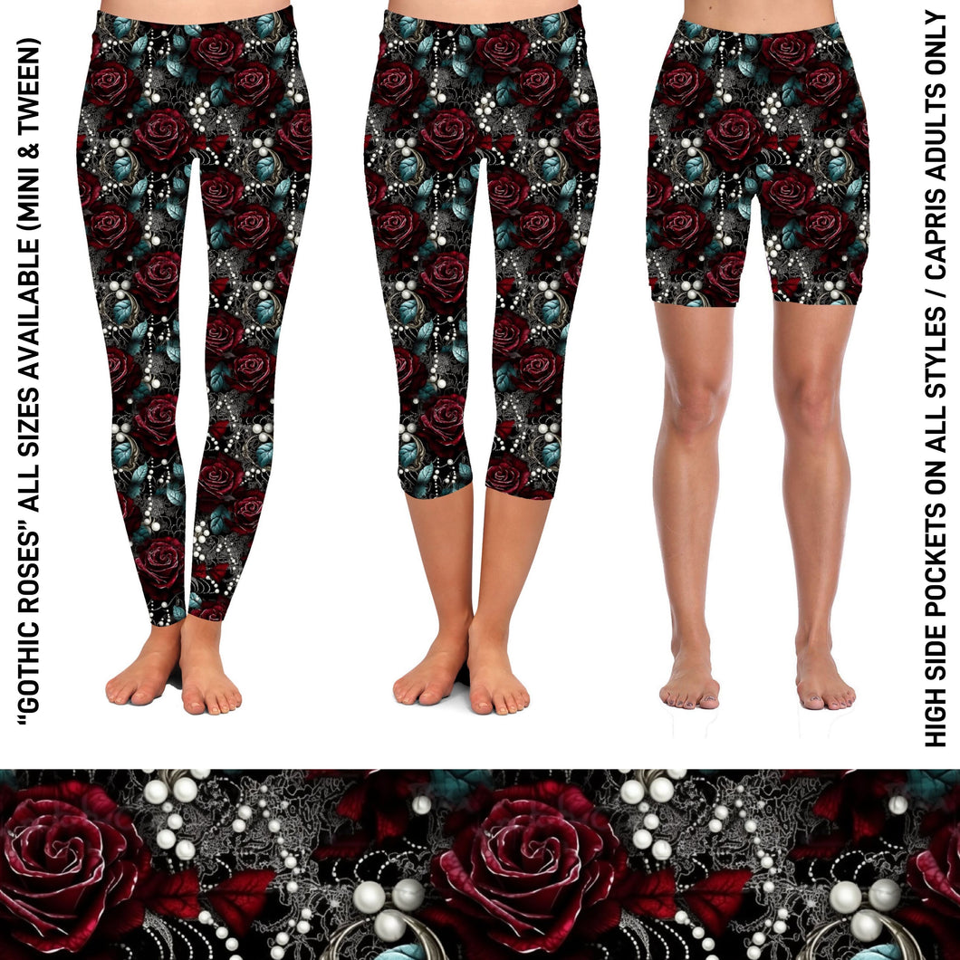 RTS - Gothic Roses Biker/Capris/Leggings with High Side Pockets