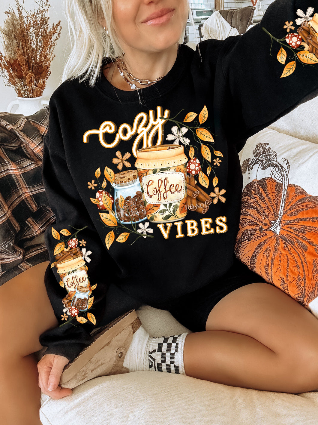 COZY VIBES- CREWNECK SWEATSHIRT  W/ SLEEVE PRINT