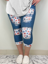 Load image into Gallery viewer, RWB Bows Blue Denim Capri w/ Back Pockets!
