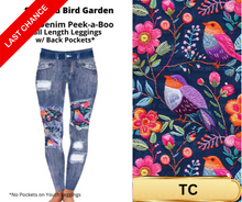 Load image into Gallery viewer, Stitched Bird Garden Faux Denim Full Length Peekaboo Leggings
