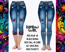 Load image into Gallery viewer, RAINBOW SWIRL - DENIM RUN W/ BACK POCKETS - LEGGINGS/CAPRI
