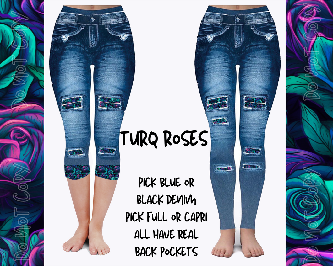 TURQ ROSES - DENIM RUN W/ BACK POCKETS - LEGGINGS/CAPRI