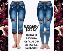 Load image into Gallery viewer, BURGUNDY PAISLEY - DENIM RUN W/ BACK POCKETS - LEGGINGS/CAPRI
