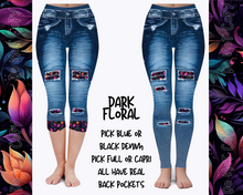 Load image into Gallery viewer, DARK FLORAL - DENIM RUN W/ BACK POCKETS - LEGGINGS/CAPRI
