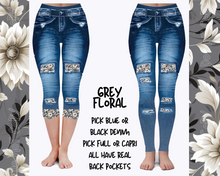 Load image into Gallery viewer, GREY FLORAL - DENIM RUN W/ BACK POCKETS - LEGGINGS/CAPRI
