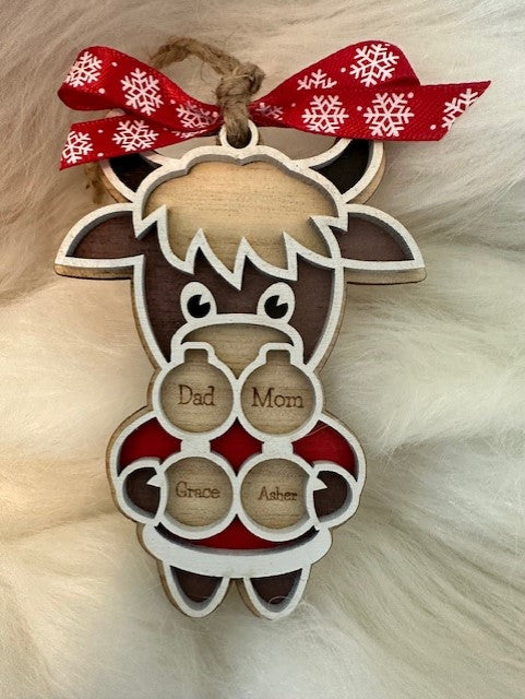 Personalized highland cow family Christmas ornament