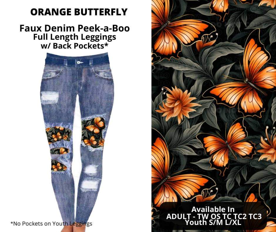 Orange Butterfly Faux Denim Full Length Peekaboo Leggings