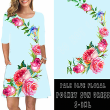 Load image into Gallery viewer, 3/4 SLEEVE POCKET DRESS- PALE BLUE FLORAL POCKET DRESS
